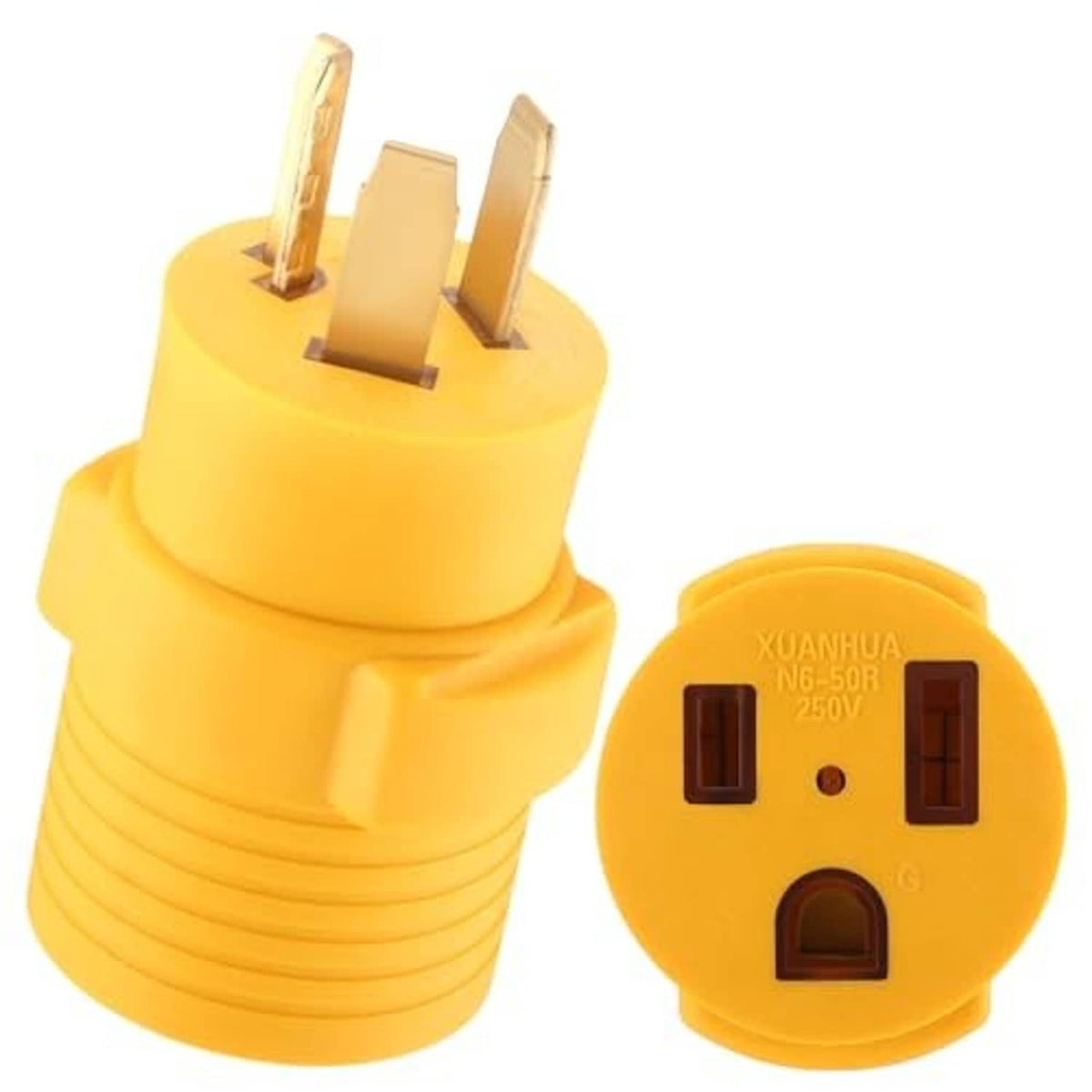 Yellow dryer-to-welder adapter plug and receptacle end, two flat prongs, black ports