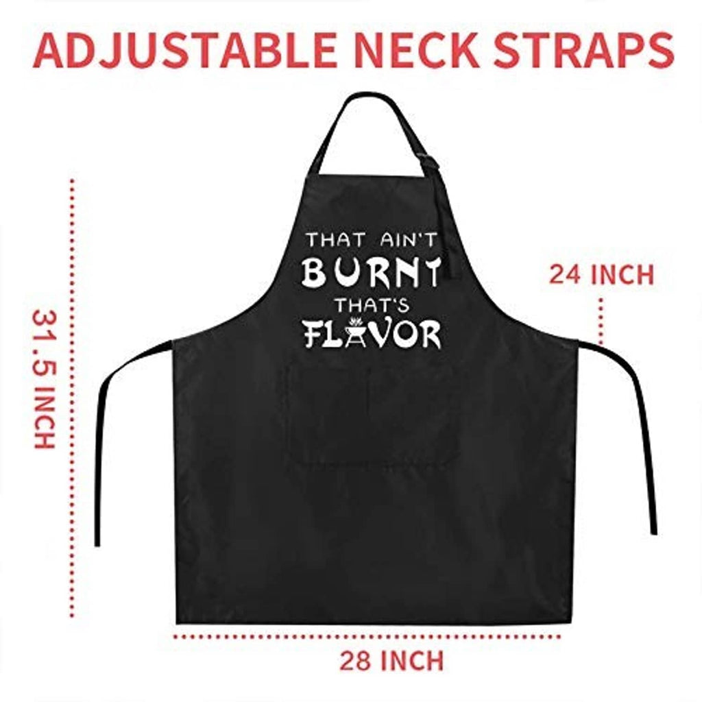 Black chef apron with adjustable neck straps and “That Ain’t Burnt That’s Flavor” text.