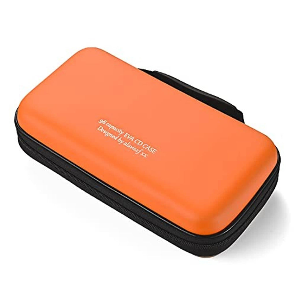 Orange hard EVA CD/DVD case with black zipper edge, compact rounded rectangular design