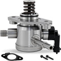 Metal high-pressure fuel pump with spring and electrical connector, inlet and outlet.