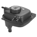 Dark gray engine coolant reservoir tank with round cap and hose outlet ports