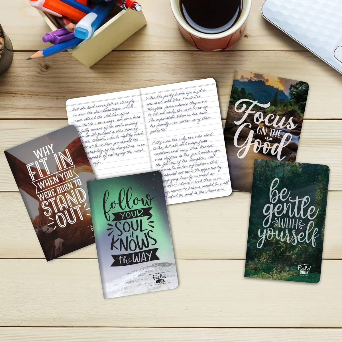 Five mini field notebooks with inspirational photo covers, including Focus on the Good.