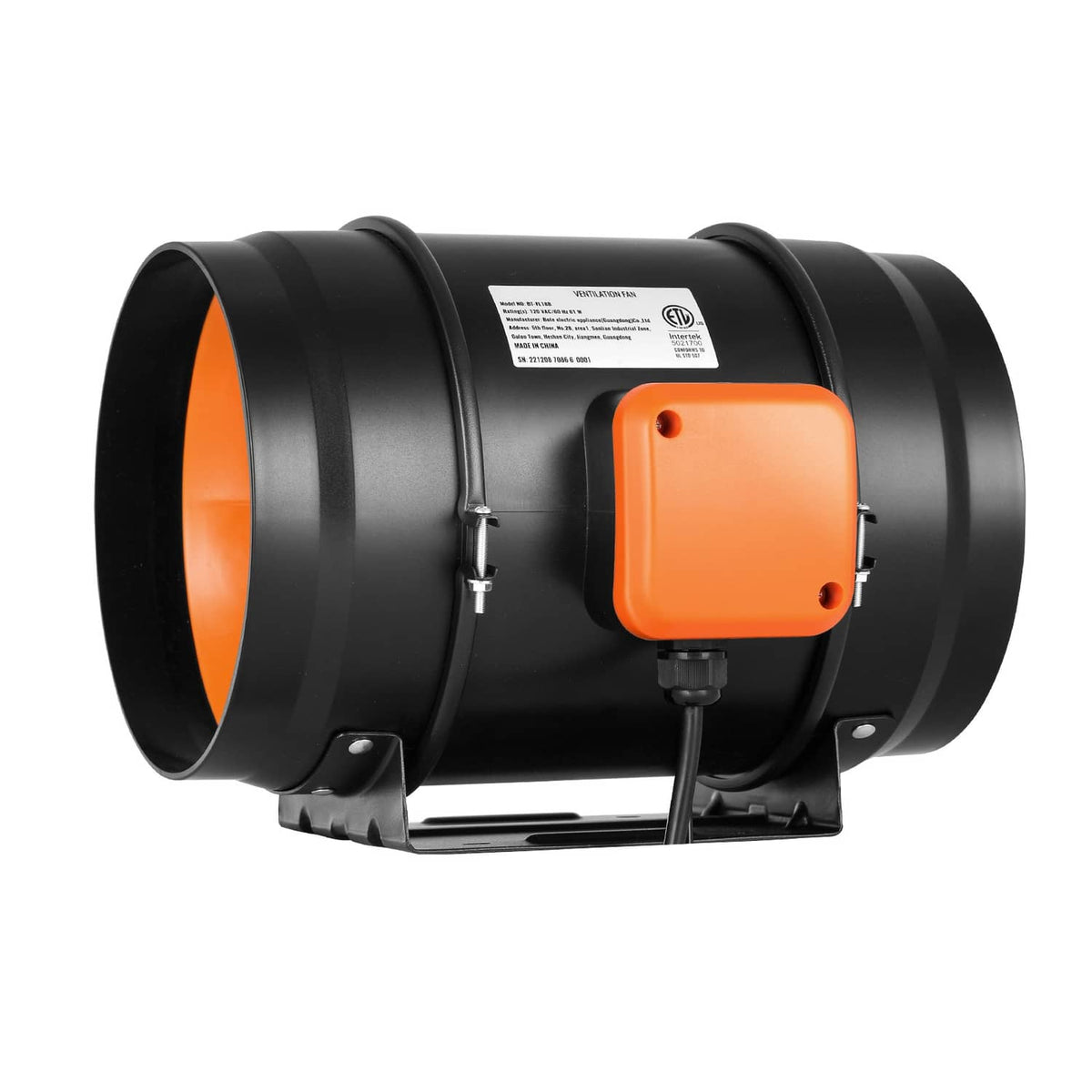 Inline duct fan blower with orange motor module and black intake outlet