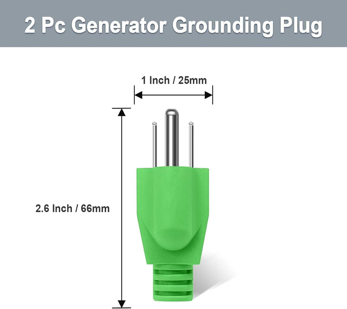 Green grounding plug with two vertical metal pins and length/height size markings