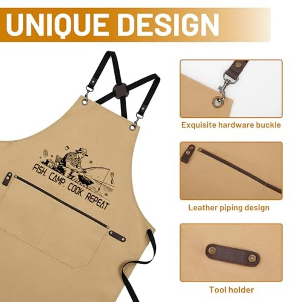 Khaki apron with printed outdoors theme, adjustable straps, leather-piped edges, and pocket.