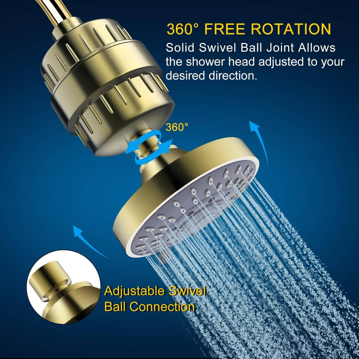 Golden shower head with swivel ball joint and wide overhead spray