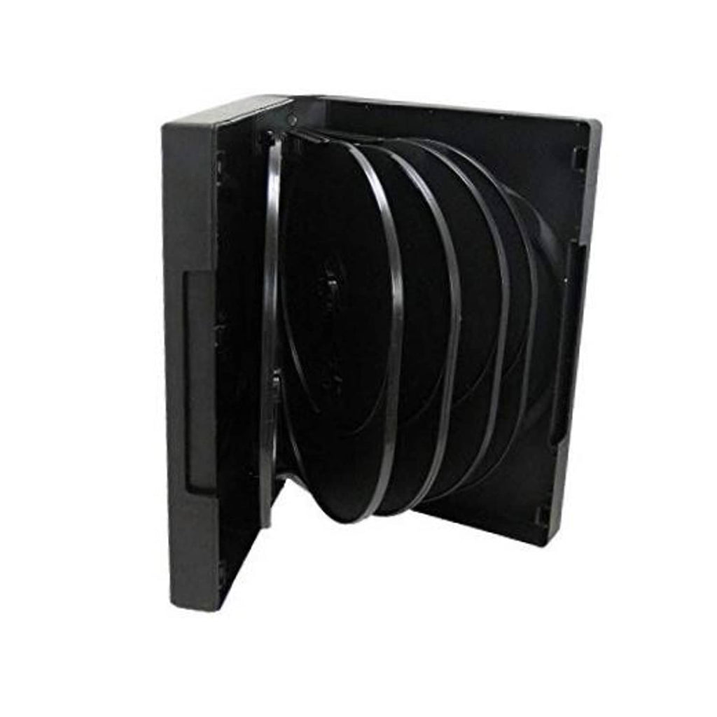 Black 12-disc CD/DVD/Blu-ray case with five flip trays, holding multiple discs