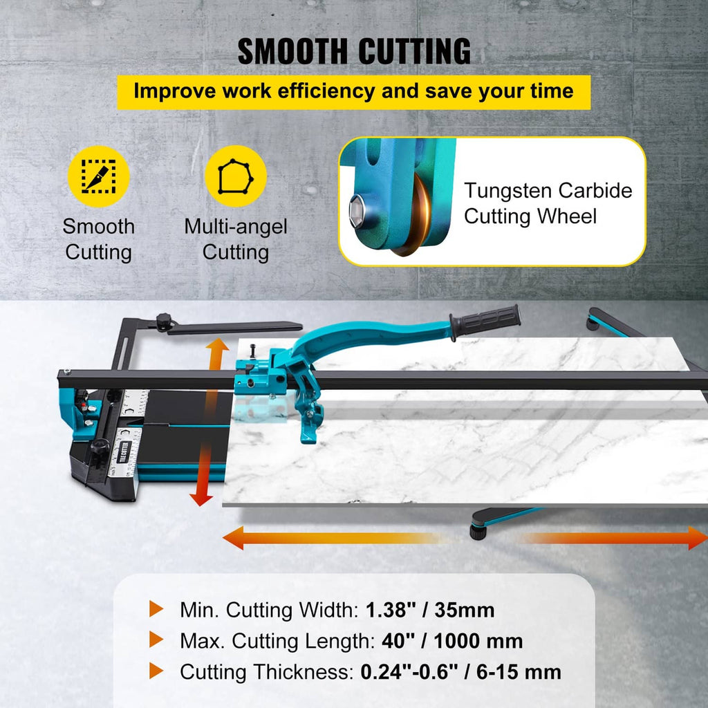 Manual tile cutter showing cutting wheel and sliding carriage on the black base