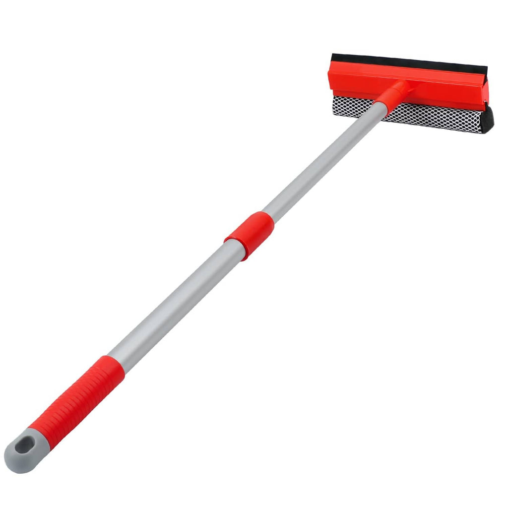Red and black telescopic car window cleaner squeegee with rubber blade and mesh sponge