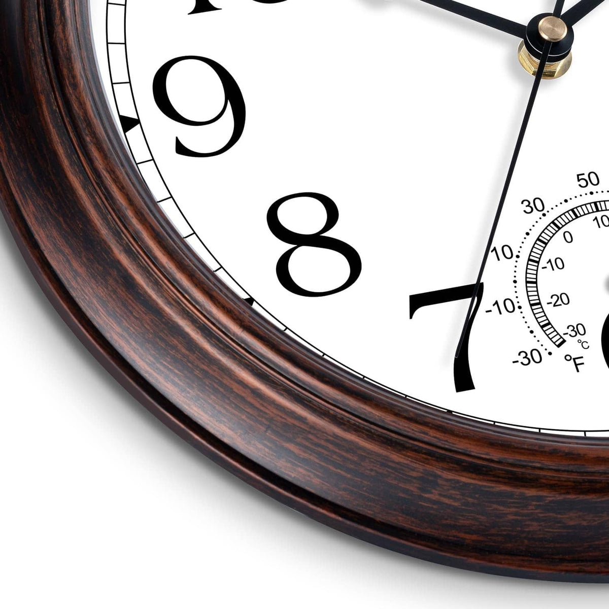Close-up outdoor wall clock frame with copper-red woodgrain and thermometer subdial near bottom.