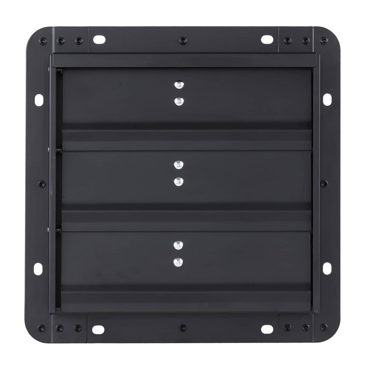 Wall-mount shutter exhaust fan with black louvered front panel and mounting holes