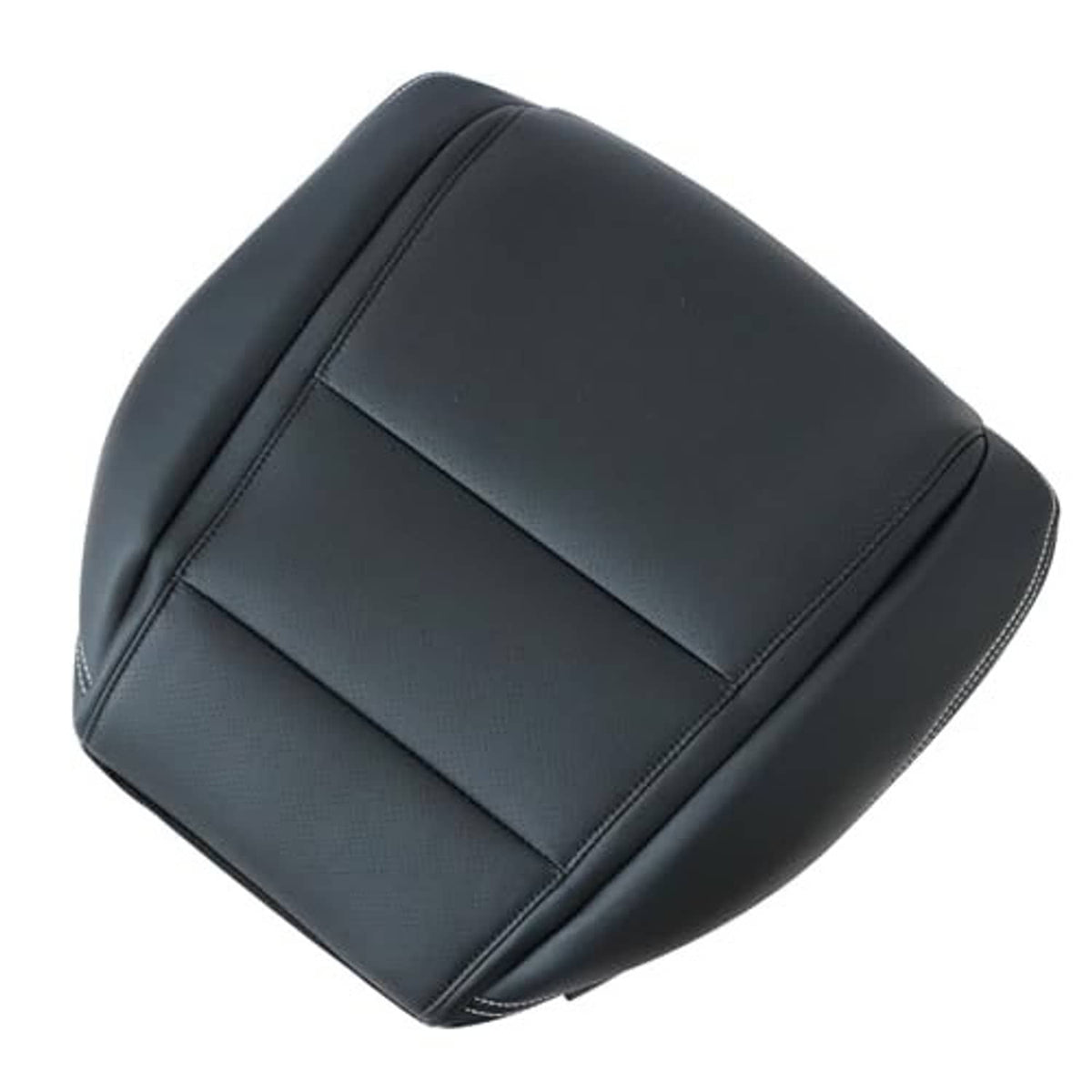 Black leather seat cover with stitched seams and padded curved backrest
