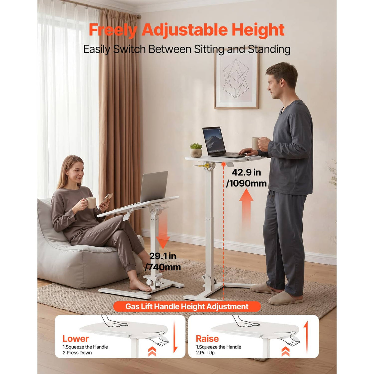 Standing desk with light flip-top desktop and gas-lift handle for sit-to-stand height