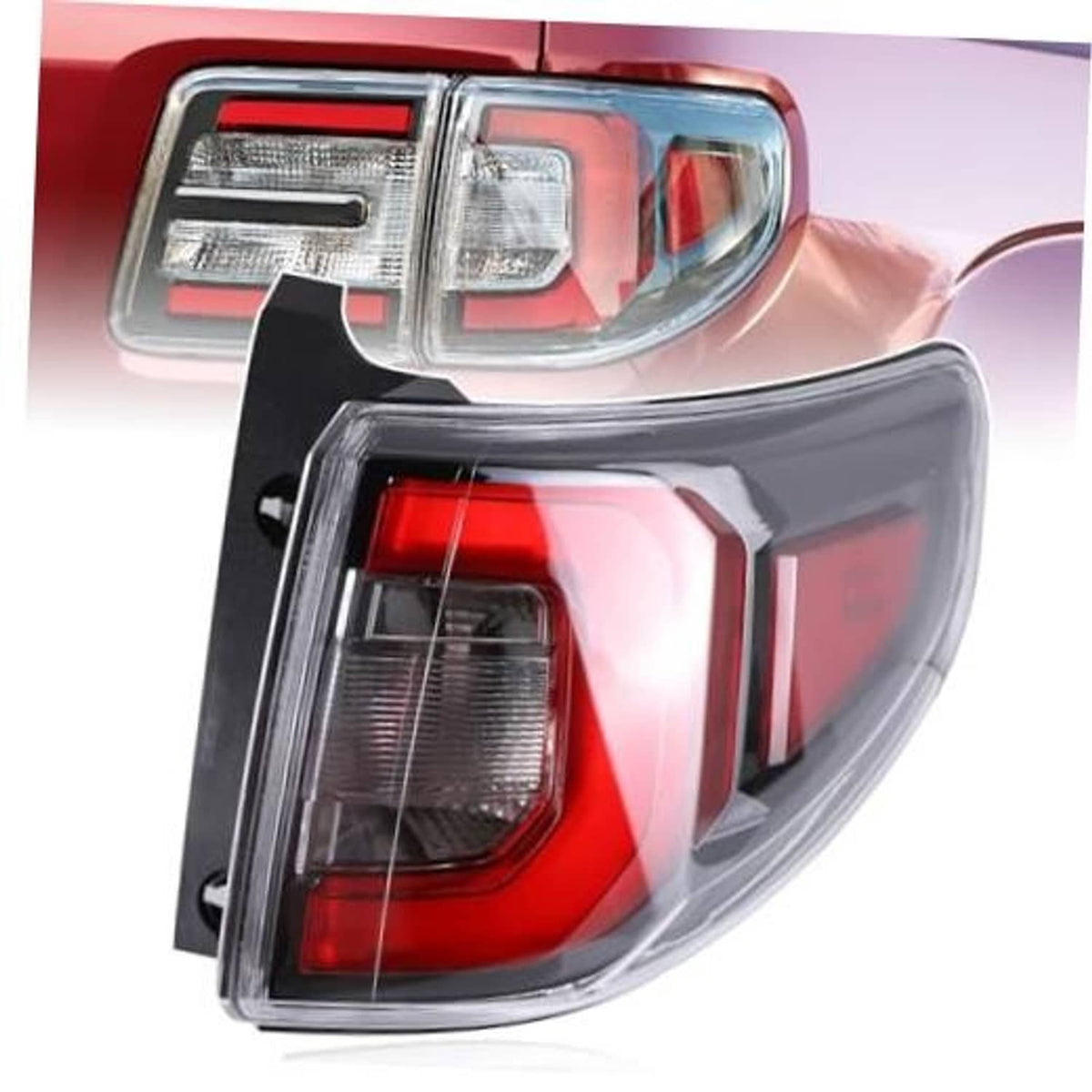 Right-side tail light assembly with clear housing and red lens sections