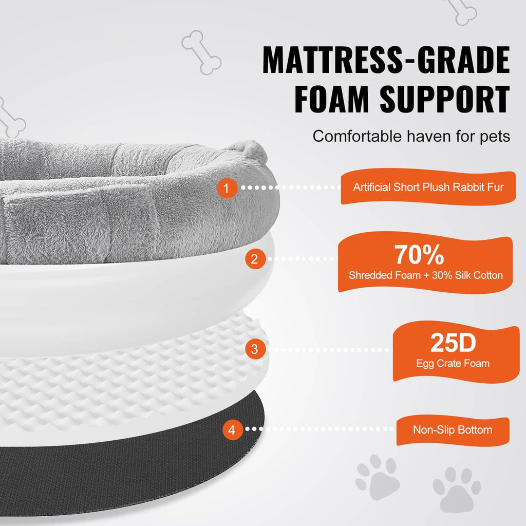 Grey oval dog bed side view showing thick foam layers and non-slip bottom.
