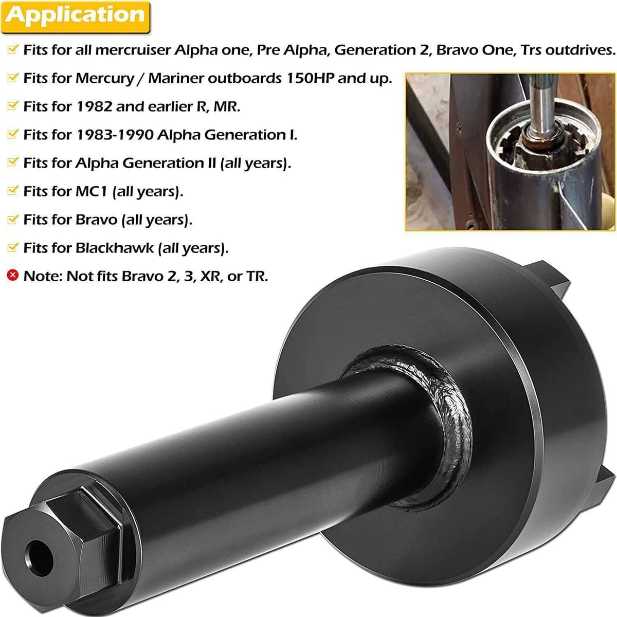 Black cylindrical bearing carrier retainer wrench with slotted flange base and hex end drive