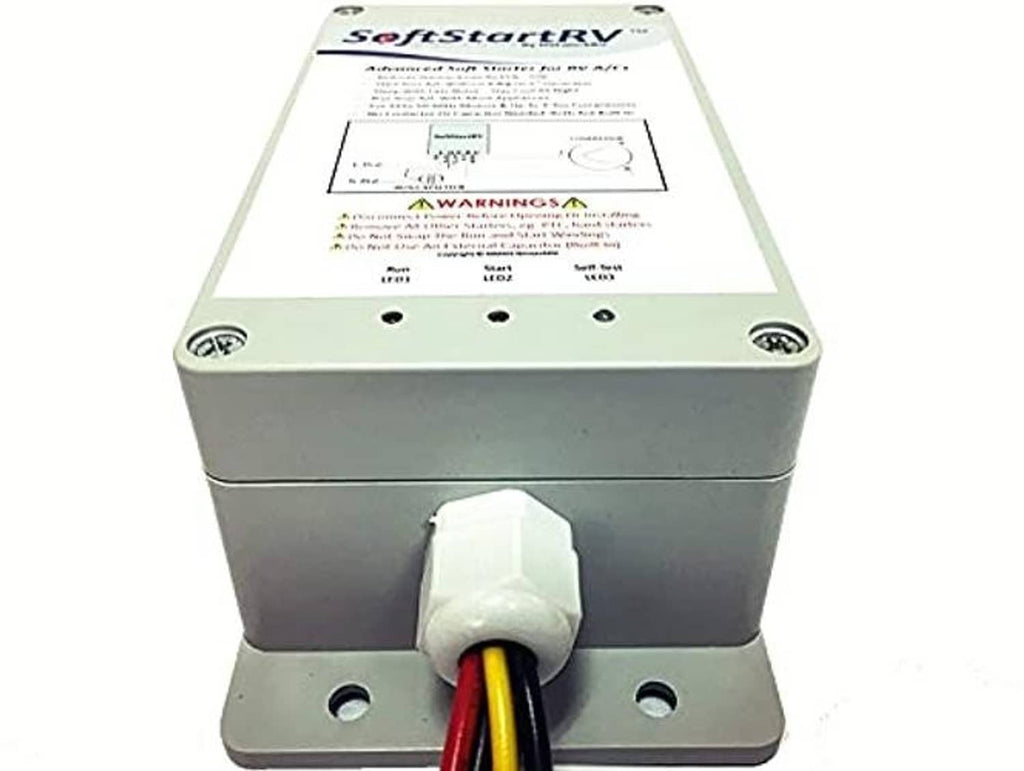 SoftStartRV soft start unit with wiring ports and instruction label on top