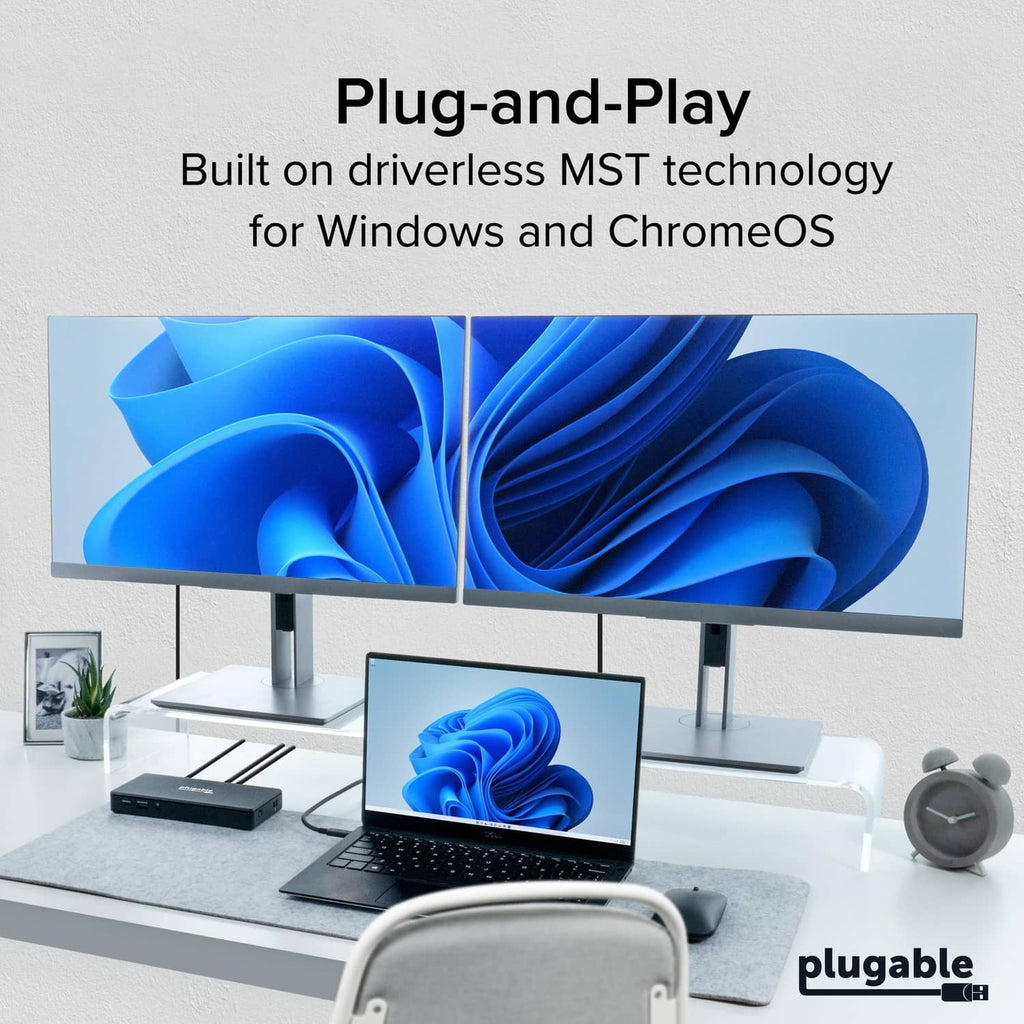 Black USB-C docking station on desk with dual displays and laptop for plug-and-play