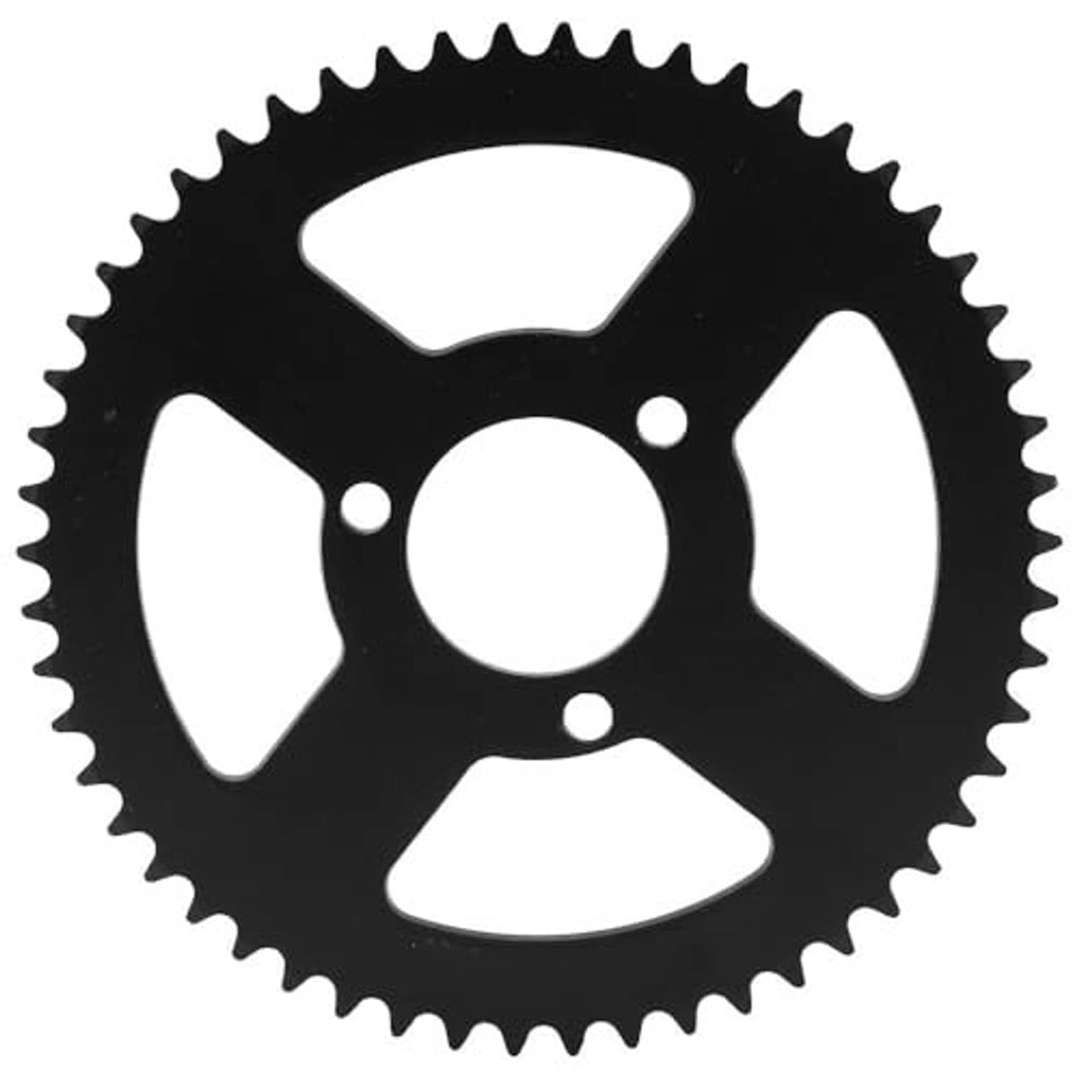 Dark metal sprocket gear with five-spoke cutouts, outer teeth, and three mounting holes