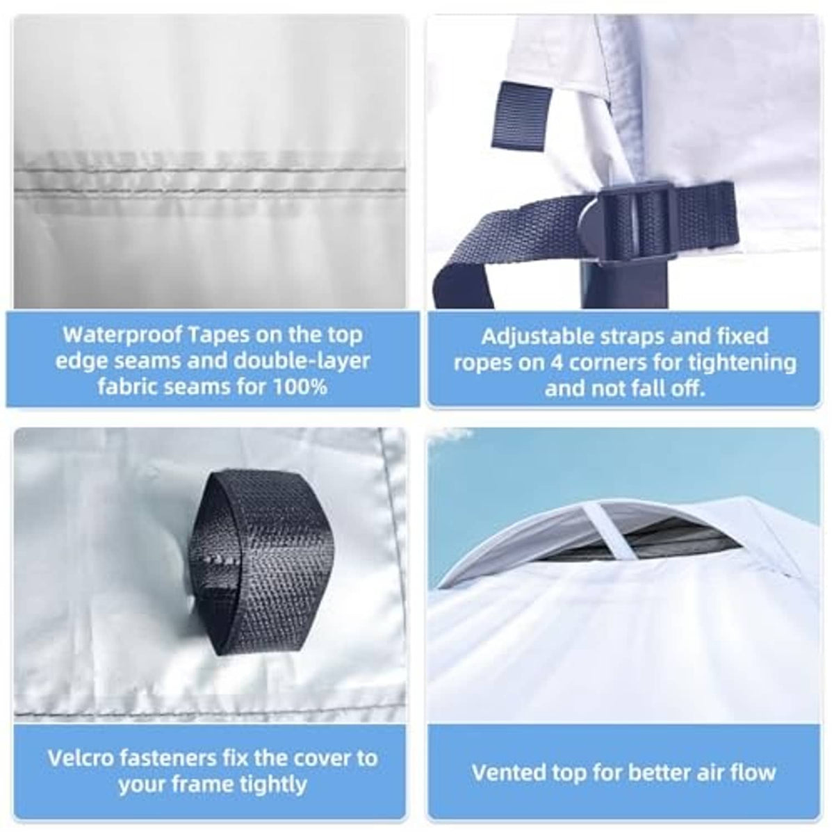 White canopy top with waterproof taped seams, velcro fasteners, adjustable straps, vents