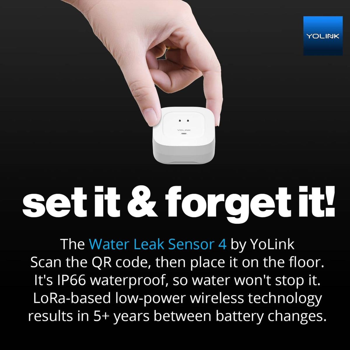 Hand placing YoLink water leak sensor on a floor, white compact device