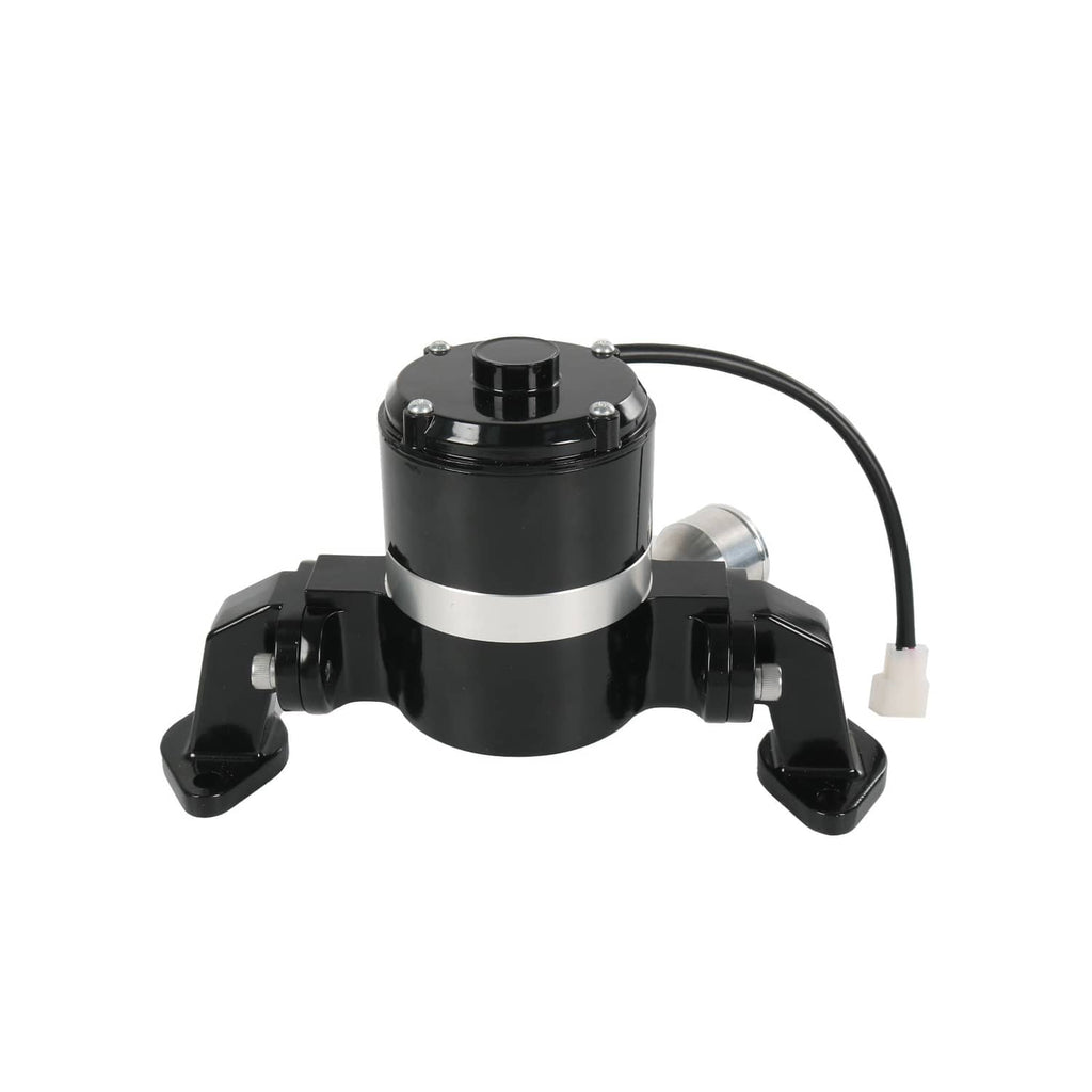 Black electric water pump with mounting arms and silver side port