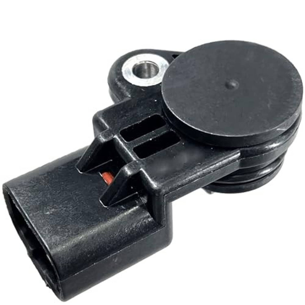 Camshaft position sensor end view with black housing, connector latch, and metal fastener hole
