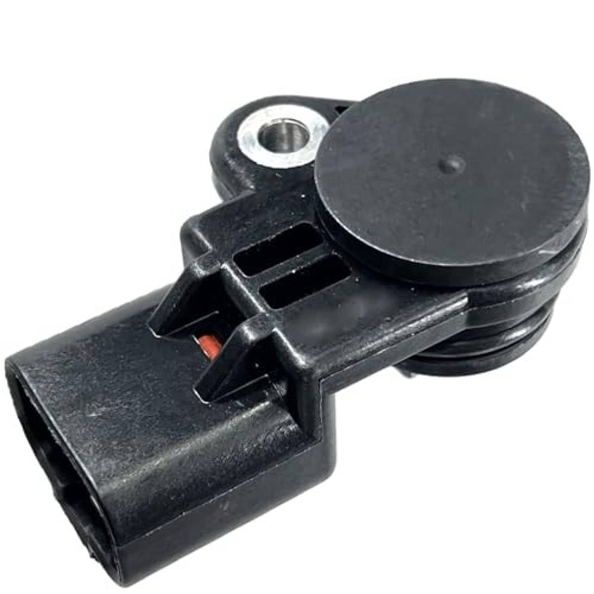 Camshaft position sensor end view with black housing, connector latch, and metal fastener hole