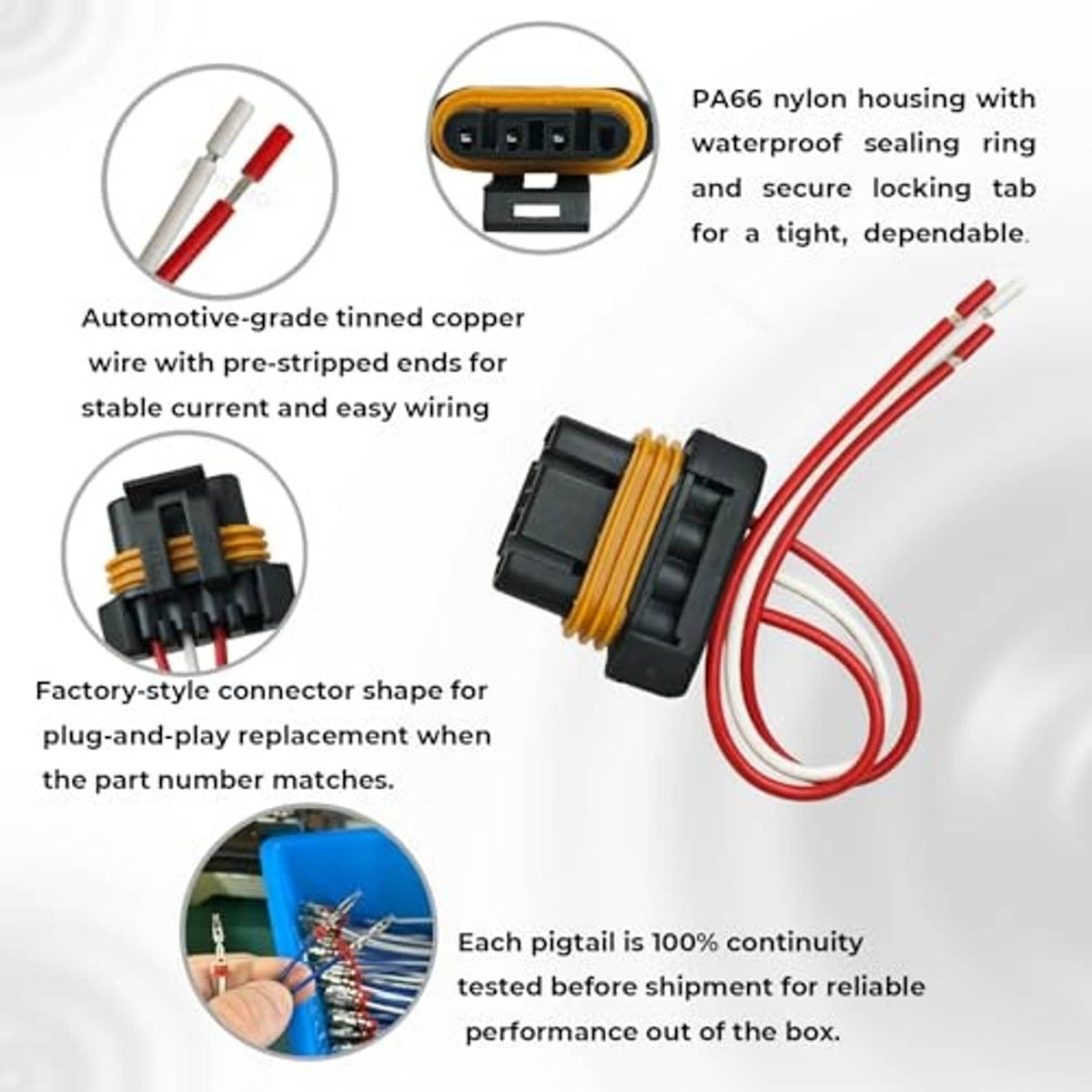 Alternator wire connector pigtail with red and white leads, black housing, yellow sealing ring