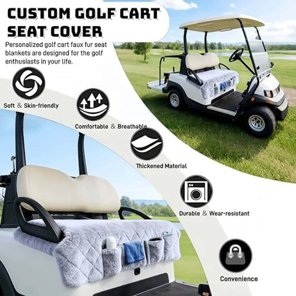 Light gray quilted plush golf cart seat cover blanket with front armrest opening