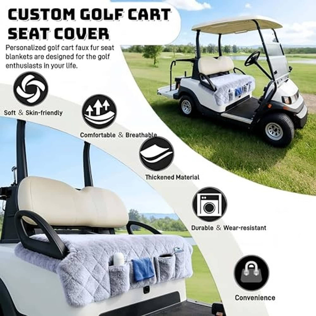 Light gray quilted plush golf cart seat cover blanket with front armrest opening