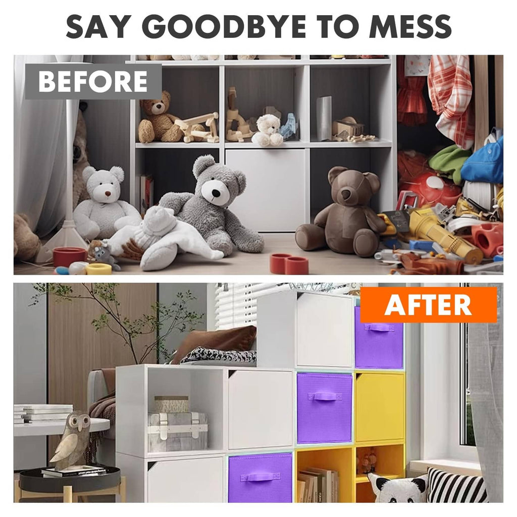 Violet foldable fabric storage cubes with front handles for organized storage