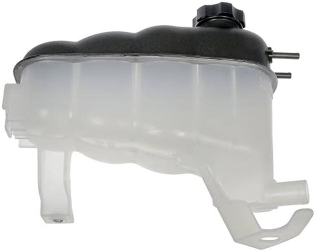 White coolant reservoir with black cap and two vent tubes