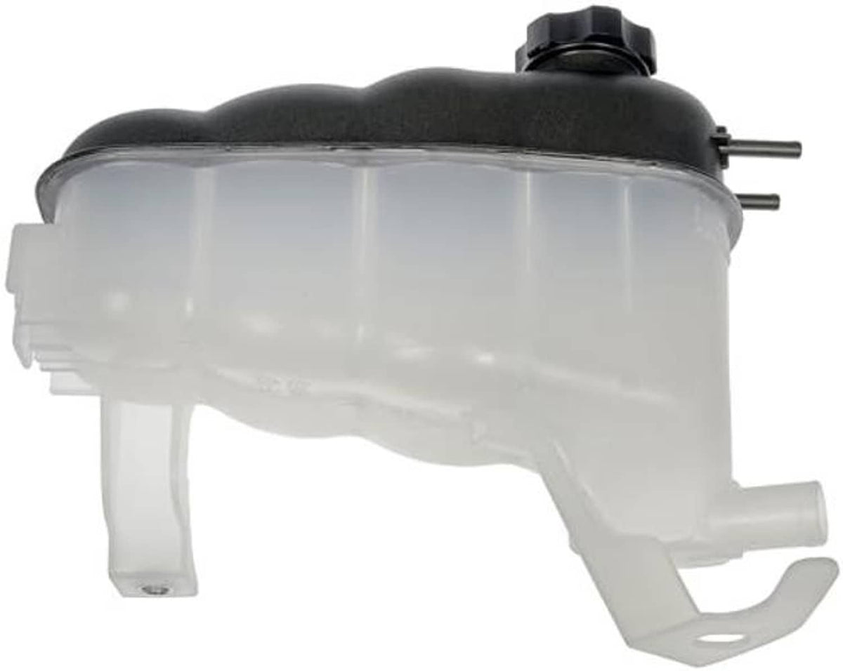 White coolant reservoir with black cap and two vent tubes