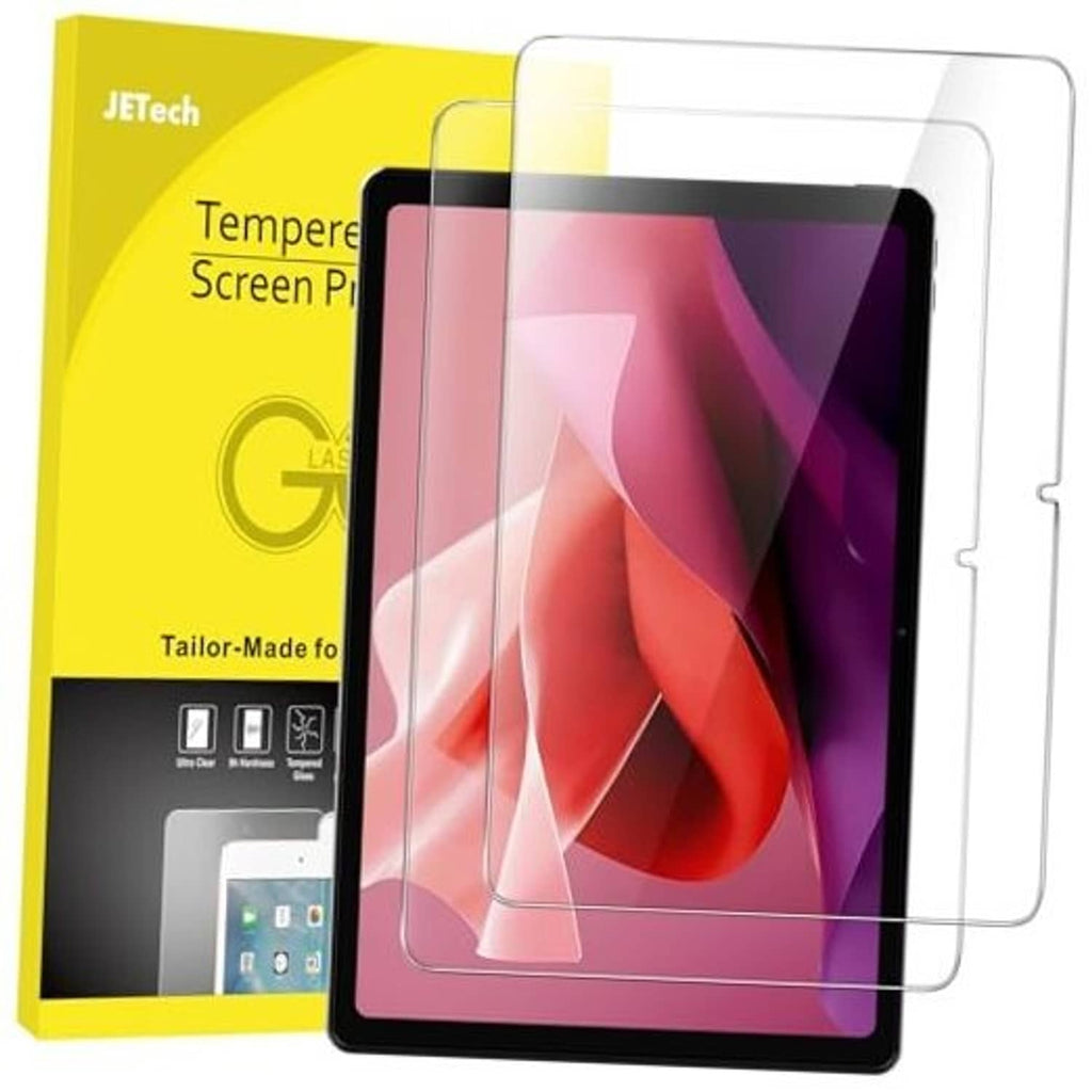 Clear tempered glass screen protector fitted over a tablet screen, with protective edges