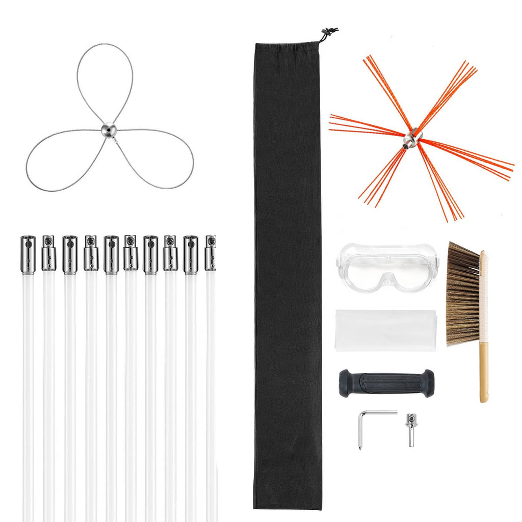 Chimney cleaning kit with rotating brush head, rods, goggles, and storage bag