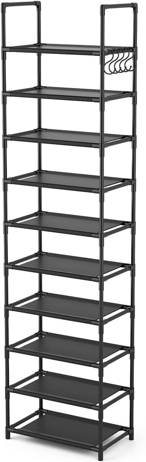 Black metal shoe rack with multiple open tiers and side frames