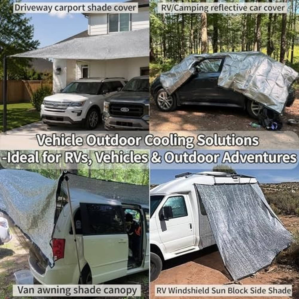 Silver reflective vehicle shade cloth cover for RV or van, draped for outdoor cooling