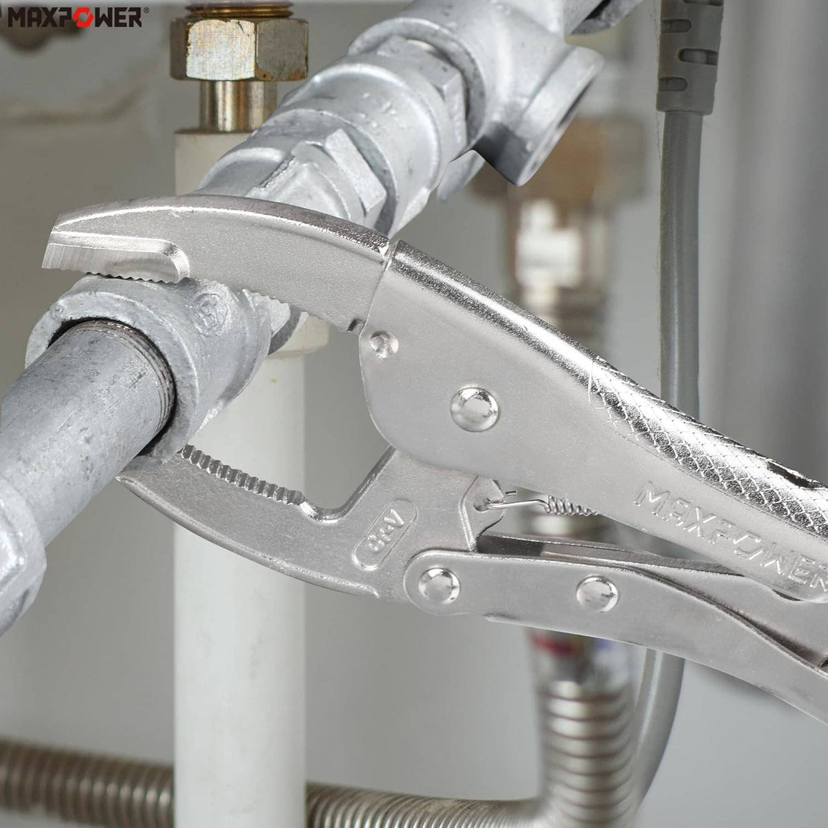 Curved jaw locking pliers securing a pipe joint with adjustable threaded screw