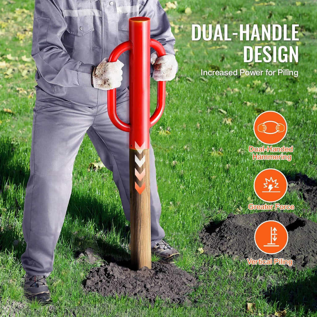 Post driver with dual side handles and red steel shaft for pounding fence posts
