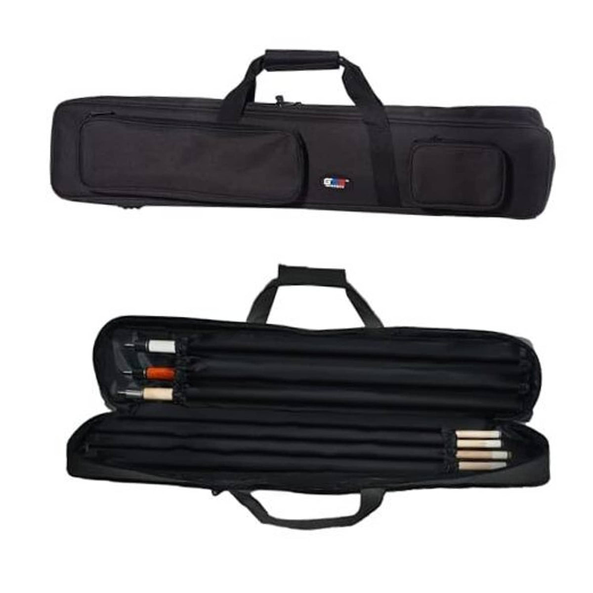 Black soft billiard cue stick carrying case with top handle and side pocket