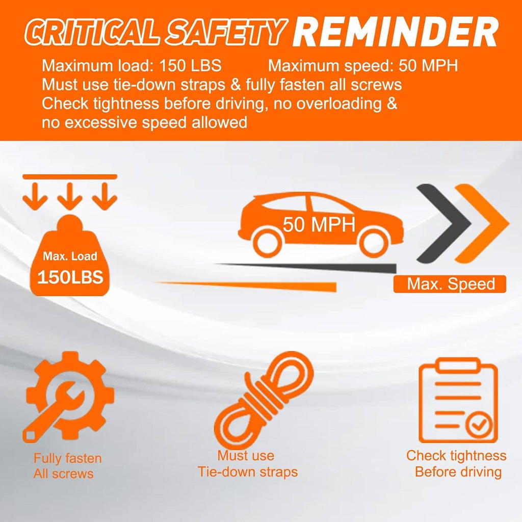 Safety reminder graphic for kayak roof rack, including max load and speed limits