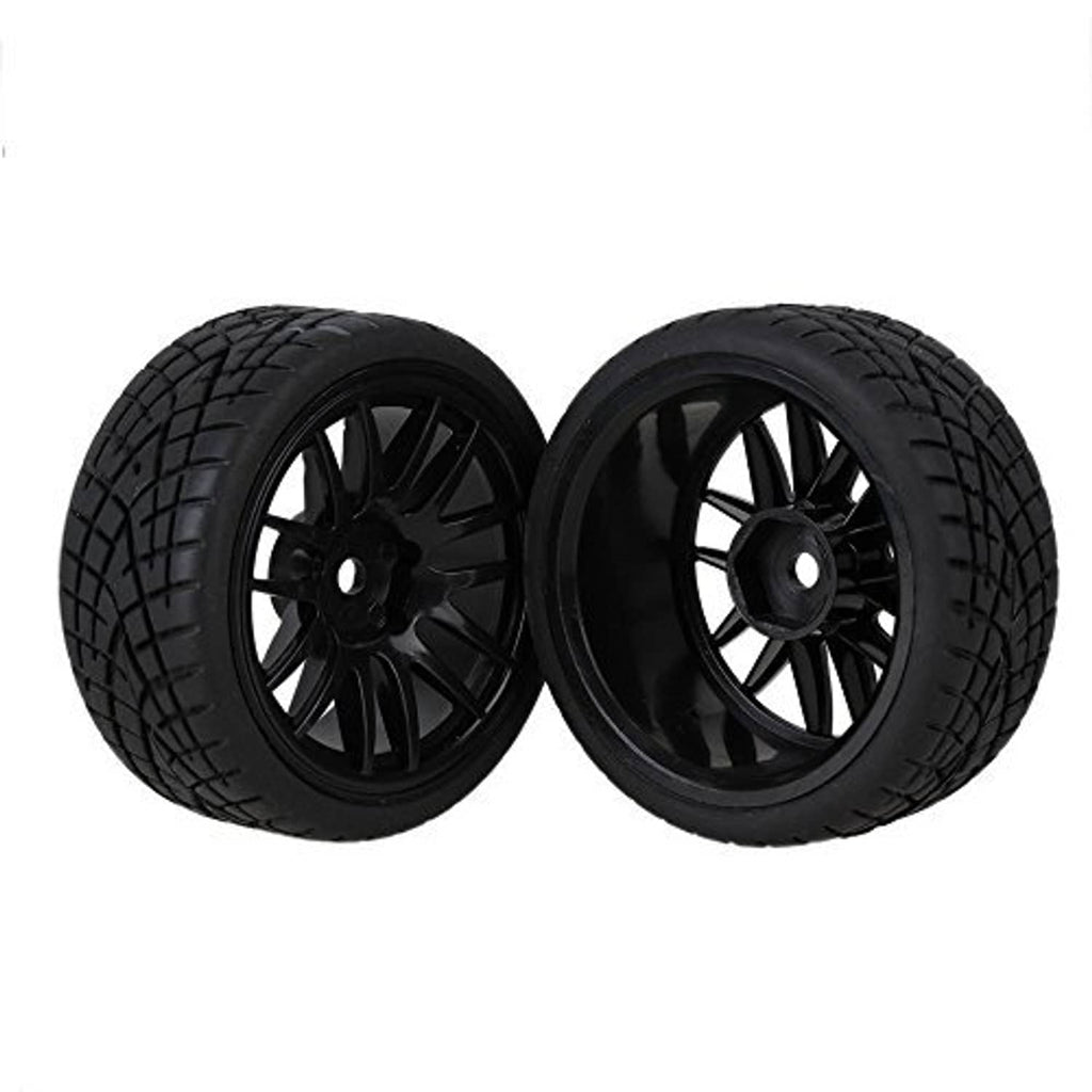 Black 14-spoke wheel rims with black tread tires, pair