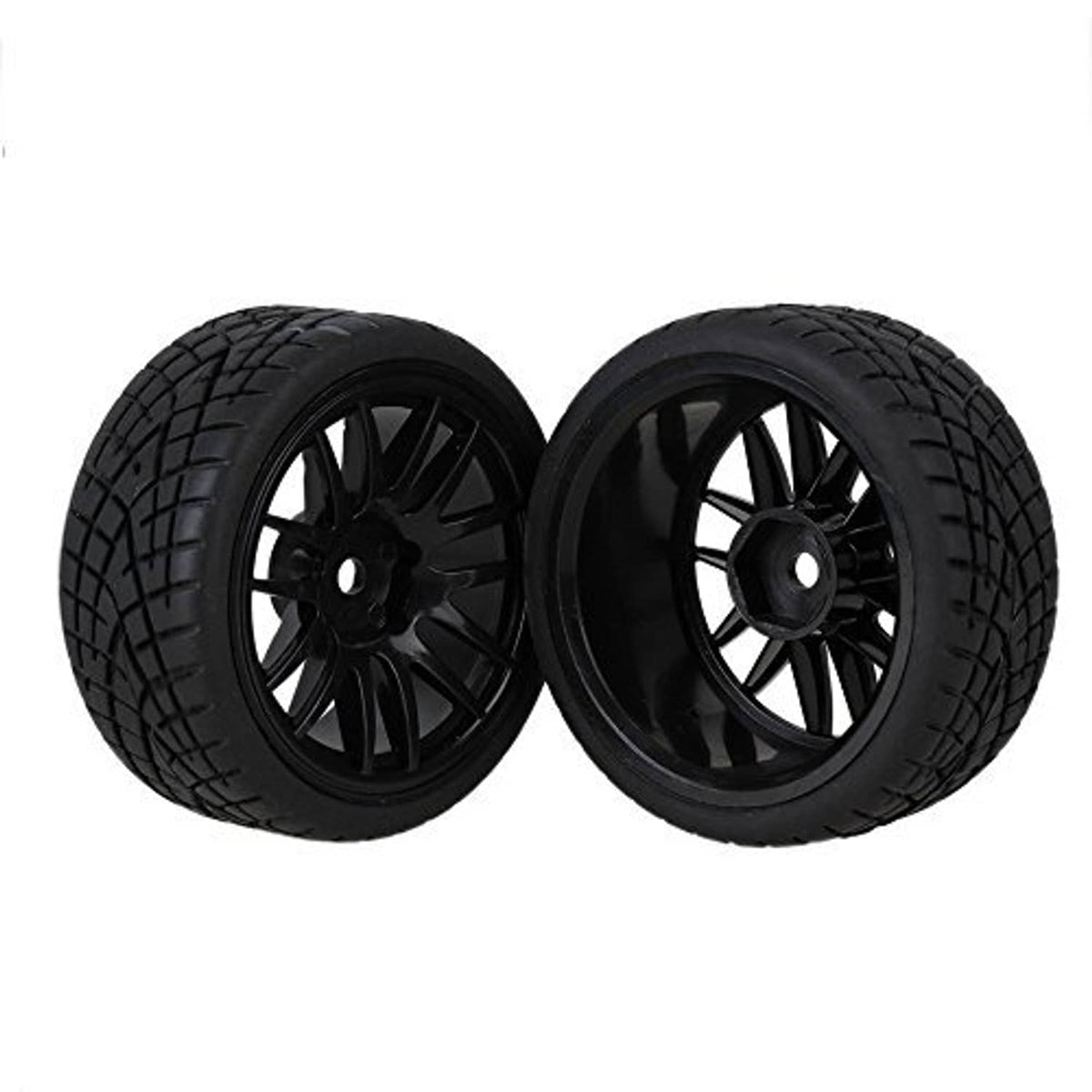 Black 14-spoke wheel rims with black tread tires, pair