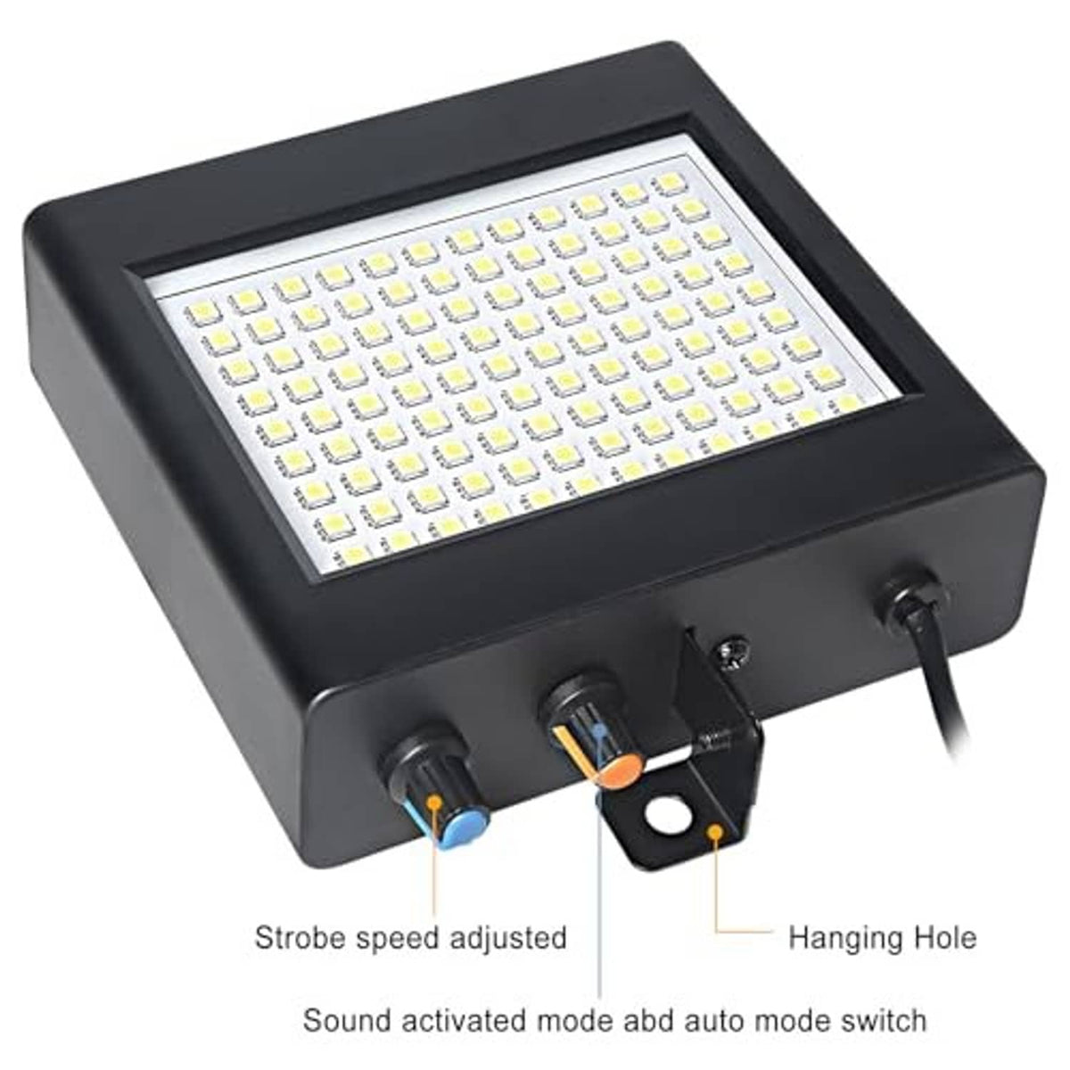 Black LED strobe light angled view with control knobs and hanging hole