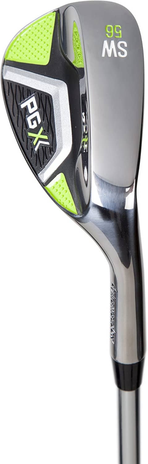Side view of right-hand steel wedge with chrome sole and lime grit accents