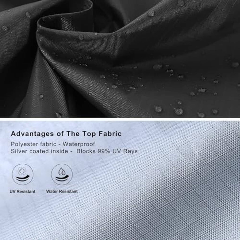 Black canopy fabric surface with water droplets, showing protective woven texture