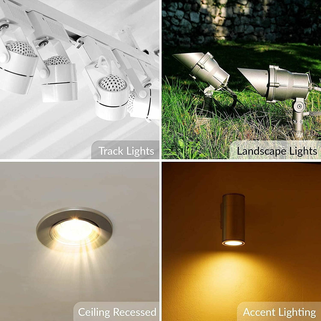 MR16 halogen bulbs shown in track, landscape, and ceiling recessed fixtures
