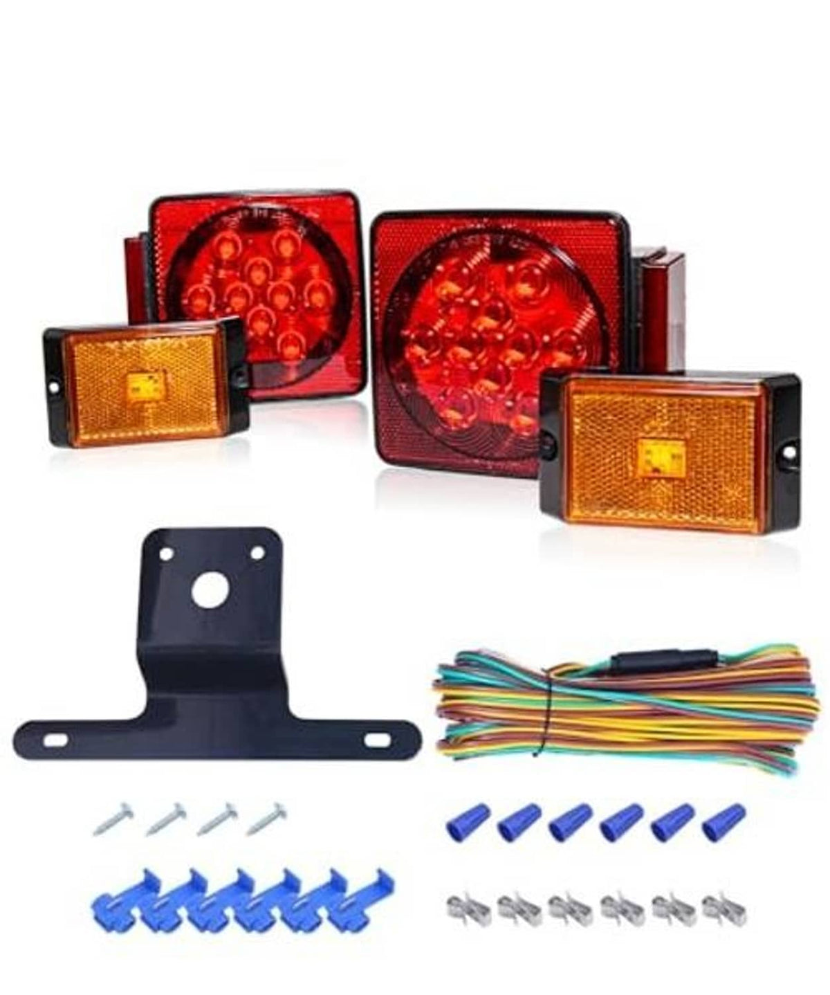 Trailer LED light kit with two red taillights and amber side marker lights, bracket, wiring