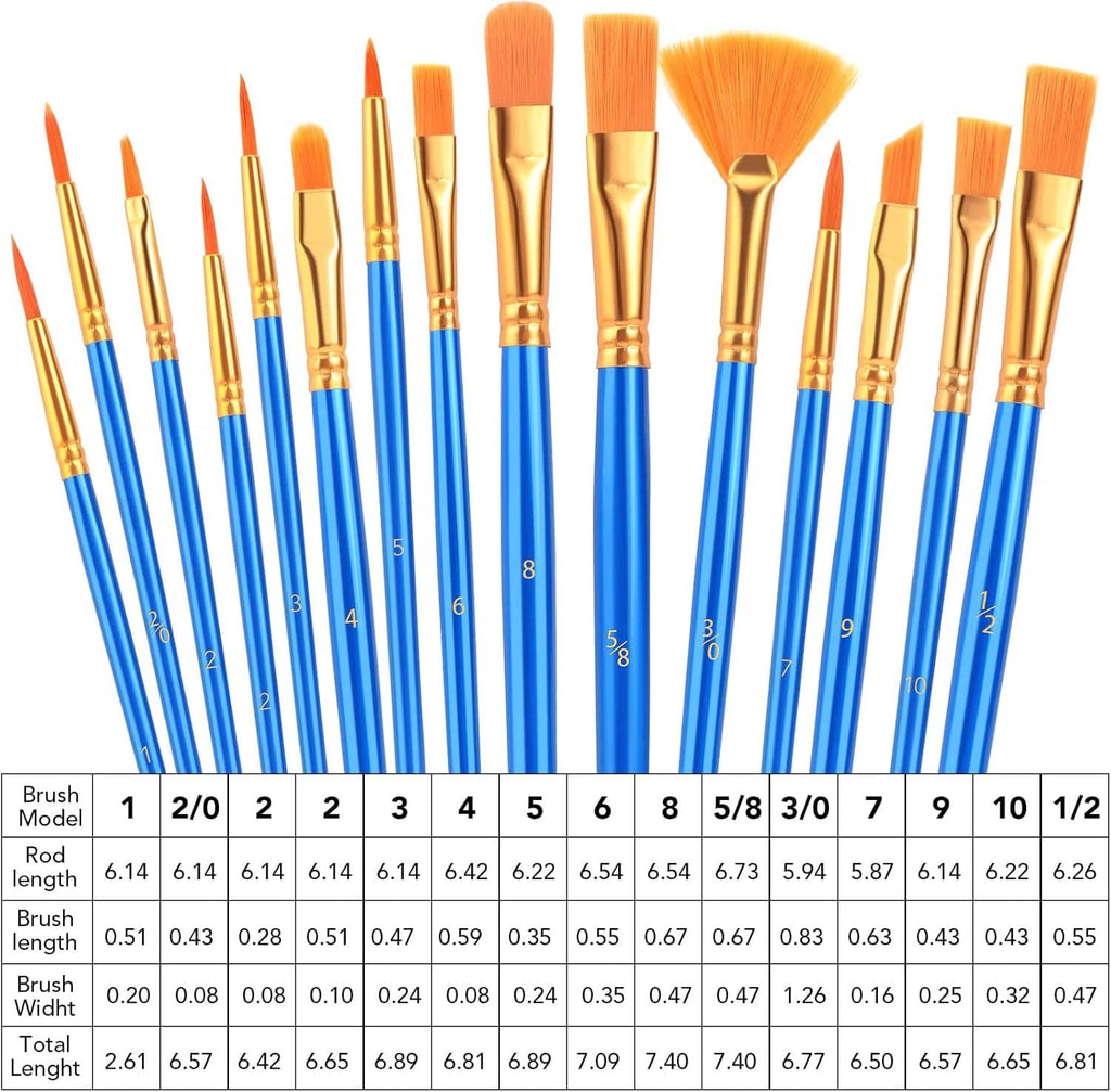 Acrylic paint brush set lineup with orange bristles on blue handles and size chart